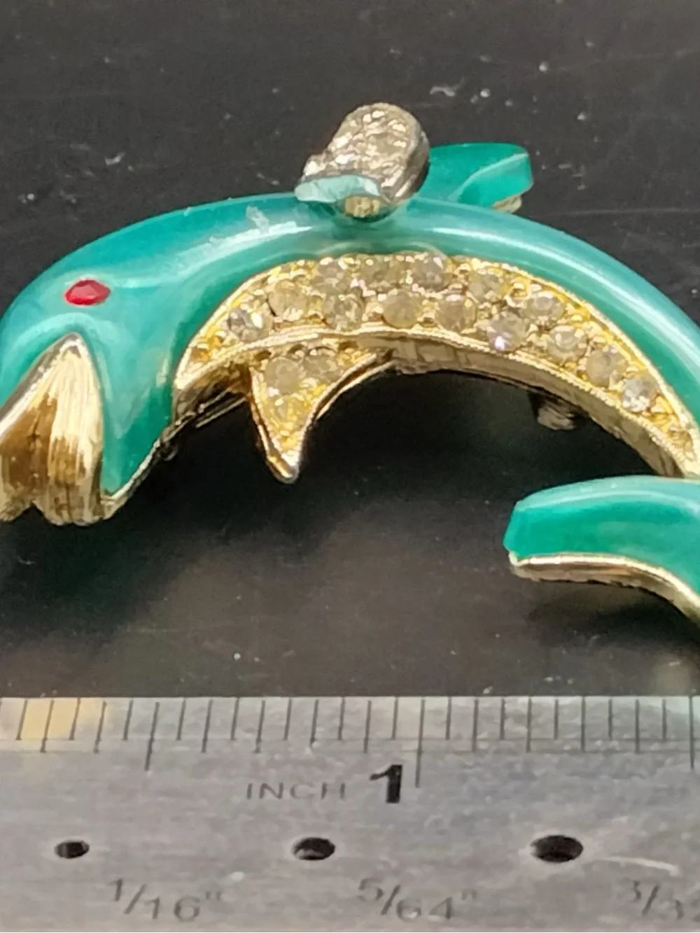 Vintage Gold-tone Dolphin Brooch w Green & Blue Enamel, White Rhinestones